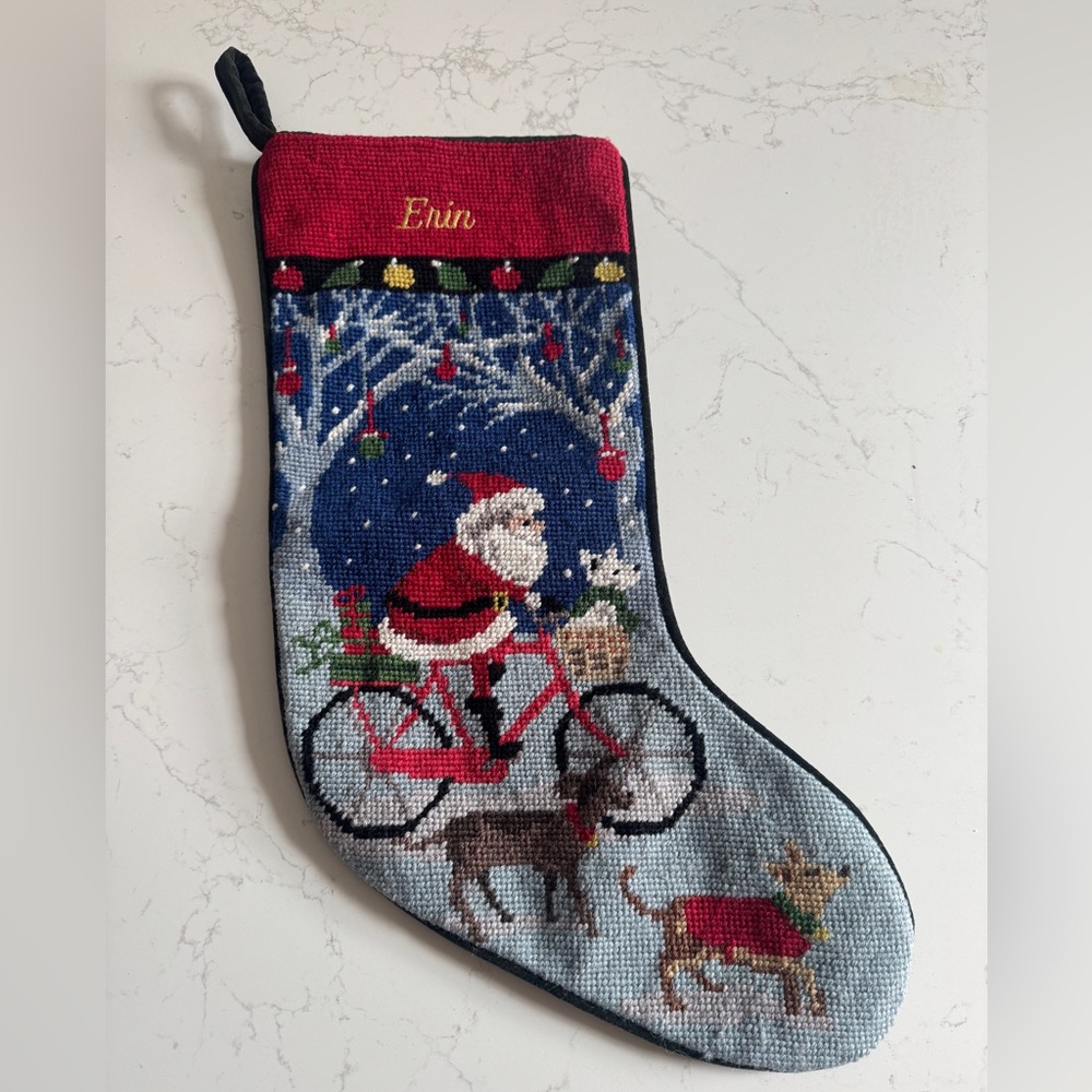 Vintage Lands End Needlepoint Christmas Stocking Santa dogs bike Erin velvet